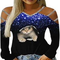 Ženska majica bez ramena, Bluza s izrezom u obliku slova A i dugih rukava, majica za zabavu s printom slatke mačke,
