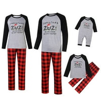 Božićni obiteljski pidžama Set: vrhovi s dugim rukavima s okruglim vratom s printom slova + karirane klizne hlače