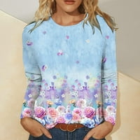 Ženske majice dugih rukava ljetne etničke cvjetne tanke slatke majice s okruglim vratom opremljene majice kratkih