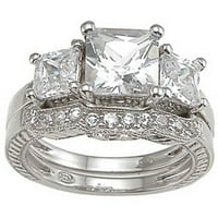 Sterling Silver Rhodium Finish Princess 3-kamen zaručnički prsten set