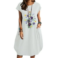 Ljetne haljine za žene, ležerna lanena haljina s okruglim vratom s printom, široka haljina kratkih rukava s džepovima
