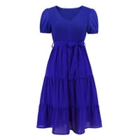 Ženska modna ljetna jednobojna nabrana haljina s izrezom u obliku slova U i kratkim rukavima na pojasu, Plava,