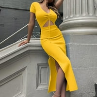 Ljetne haljine za žene kratke rukave Čvrsta boja šuplja haljina V-izrez Mini Slim Fit Y2K Fashion Elegant Party