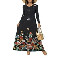 Crne ženske haljine A kroja s okruglim vratom i boho cvjetnim printom s dugim rukavima