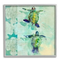 Stupell zelene kornjače plivanje apstraktni oblici pejzažno slikanje siva uokvirena umjetnička print zidna umjetnost