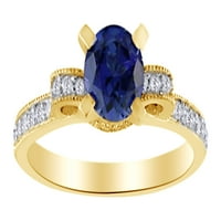 Okrugli rez od plavog safira i bijeli prirodni dijamant s naglaskom od 10k žutog zlata, veličina prstena je 6
