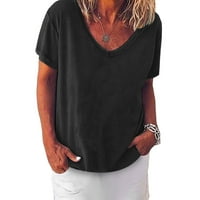 Ženska bluza, modna ženska ležerna bluza s izrezom i kratkim rukavima, jednobojni široki pulover, majice, crni,