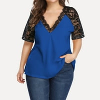Bazyrey bluza za žene plus veličina za žene čipke osnovne majice s V-izrezom kratke rukave labave tunike plave