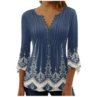 Pejock ženski ležerni slojevi rukav za rukav labave vrhove bluze košulja ljeta V-izrez print casual majica plava