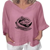 Pfysire Womens v Neck kitovi tiskani gornji rukavi pamučna lanena majica ružičasta xl