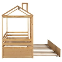 Kućni krevet veličine dvostruke veličine, drveni krevet s krovnim prozorom i trundle, prirodno