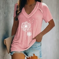 TOBCHONP Ženski modni modni V-izrez za tisak pulover casual majica s kratkim rukavima ružičasta m