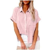 Ženske bluze, jednobojni vrhovi kratkih rukava s okruglim vratom na kopčanje, široka ljetna košulja, bluza u ružičastoj