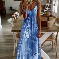 Ženska Cvjetna duga haljina s izrezom u obliku slova u, duga haljina za plažu bez rukava s cvjetnim printom za