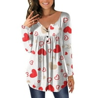 Ženske dukserice Heart Graphic v Neck Flood Fit Casual Gumb Dugi rukavac Down Pulover Tunika Tonika vrhovi Valentinovo