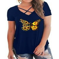 Plus-Size Ženska majica s printom leptira, ležerni vrhovi kratkih rukava s izrezom u obliku slova u, 5-inčni sivi