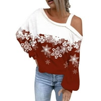 Ženski topovi za žene, modne ženske božićne asimetrične karirane bluze s ramena s printom snježne pahulje, bluza