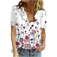 Majice za žene grafički gumb gore pamučno i laneno cvjetna bluza s kratkim rukavima s džepnim ženskim vrhovima