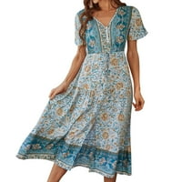 Mini haljine za žene Boemska haljina s kratkim rukavima s V-izrezom proljetno ljeto Novo cvjetni print duga suknja