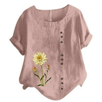 Ženske ljetne jesenske Ležerne bluze s kratkim rukavima s okruglim vratom, široke cvjetne košulje, pamučni i laneni