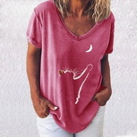 Najbolji model bluze topovi sa slatkim printom mačke i Mjeseca majice s izrezom u obliku slova U za žene proljeće