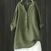 Plus veličine vrhovi za žene čvrste boje St Up Up ovratni gumb pamuk dugih rukava s dugim rukavima suknje zelene