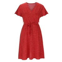 Manxivoo Ljetne haljine ženske kratke rukave v vrat cvjetna polka točkica tiskana haljina za zabavu crvena