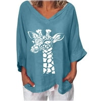 Modni Ženski topovi kratkih rukava, slatke majice s uzorkom žirafe, Modni pulover s izrezom u obliku slova u,