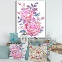 DesignArt 'ružičasti retro cvjetovi s plavim lišćem na bijeloj' tradicionalno uokvireni platno zidne umjetničke