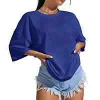 Ženska ležerna jednobojna majica s okruglim vratom, ženske kraljevsko plave majice dužine lakta