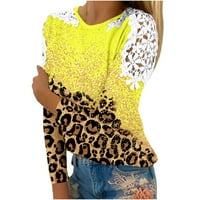Ženska majica dugih rukava s dugim rukavima, ležerna, okrugla vrata, čipkasta ramena, Leopard tunika, majice,