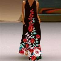 Maksi haljine za žene, Maksi haljina bez rukava s cvjetnim printom i dekolteom u obliku slova U, ljetna večernja