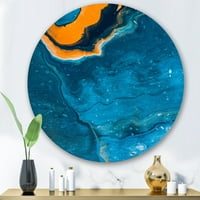 Apstraktni mramorni aranžman u plavim i narančastim tonovima moderna zidna umjetnost u obliku metalnog kruga-disk