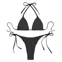 Kupaći kostim bikini s jednobojnim tregerima i tangama crni Poliester S naramenicama