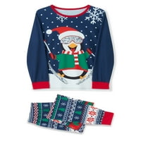 Odgovarajuće božićne pidžame za cijelu obitelj, vrhovi dugih rukava s printom pingvina iz crtića + široke hlače