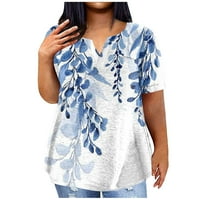 Hanas vrhovi ženske velike majice Ljetno casual print s V-izrezom džep kratkih rukava gornje plave xl