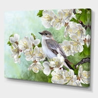 DesignArt 'siva ptica koja sjedi na grani cvjetanja stabla' tradicionalno platno zidne umjetničke tisak