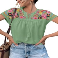 Capreze Women Meksički vezeni košulja s kapicama Ljetni boemski v vratni majice pulover casual tunike vrhovi
