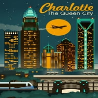 Charlotte, Sjeverna Karolina - Retro Skyline - Lantern Press Artwork