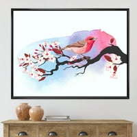 Ružičasta ptica koja sjedi na grani trešnje, uokvirena slika, umjetnički tisak na platnu
