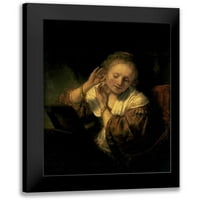 Rembrandtova suvremena muzejska gravura u crnom okviru pod nazivom mlada žena isprobava naušnice, 1654