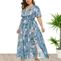 Ljetne haljine veličine plus, Ženska haljina s izrezom i cvjetnim printom u obliku slova u, kratkih rukava s prorezom