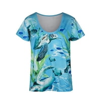 Ženska majica s printom, ljetni Casual vrhovi, bluza s izrezom u obliku slova U i kratkim rukavima,svijetloplava,u