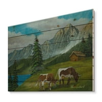 DesignArt 'krave na zelenoj livadi s planinskim krajolikom s' Farmhouse Print na prirodnom borovom drvetu