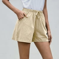 + ženske hlače Plus veličine, jednobojne pamučne i lanene kratke hlače visokog struka, Ležerne kratke hlače za