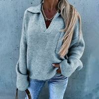 Ženski čvrsti pleteni pulover s ovratnikom u obliku ovratnika, ležerni pulover s izrezom u obliku slova u, džemperi,