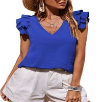 Colisha Ladies majica Čvrsta boja Ljetni vrhovi V Neck Majica labava plaža ruffer rukava tunična bluza plava m
