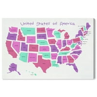 Wynwood Studio Education and Office Wall Art Canvas Printins 'USA MAP 4' Obrazovne ljestvice - ružičasta, ljubičasta