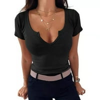 Ženski ljetni vrhovi, ženske modne jednobojne široke majice s izrezom i kratkim rukavima, puloveri, vrhovi u crnoj