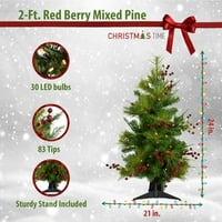 Božićno vrijeme 2-ft. Prelit crvena bobica miješana borova naglašena stabla, topla bijela LED svjetla, set od